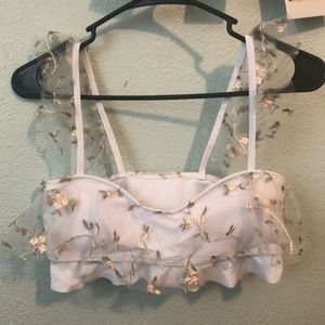 Floral,mesh, white, cute bikini top Medium